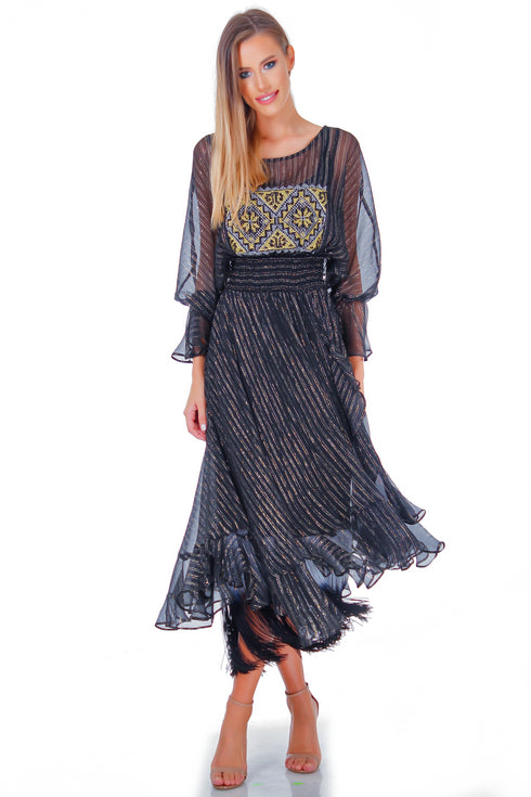 Rochie matase neagra cu broderie ID-8